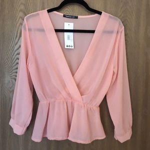 Woven Wrap Peplum Blouse - Soft Pink